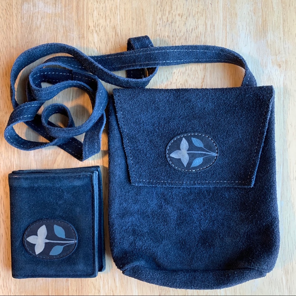 Spanish Navy Suede Leather Crossbody Bag & Wallet